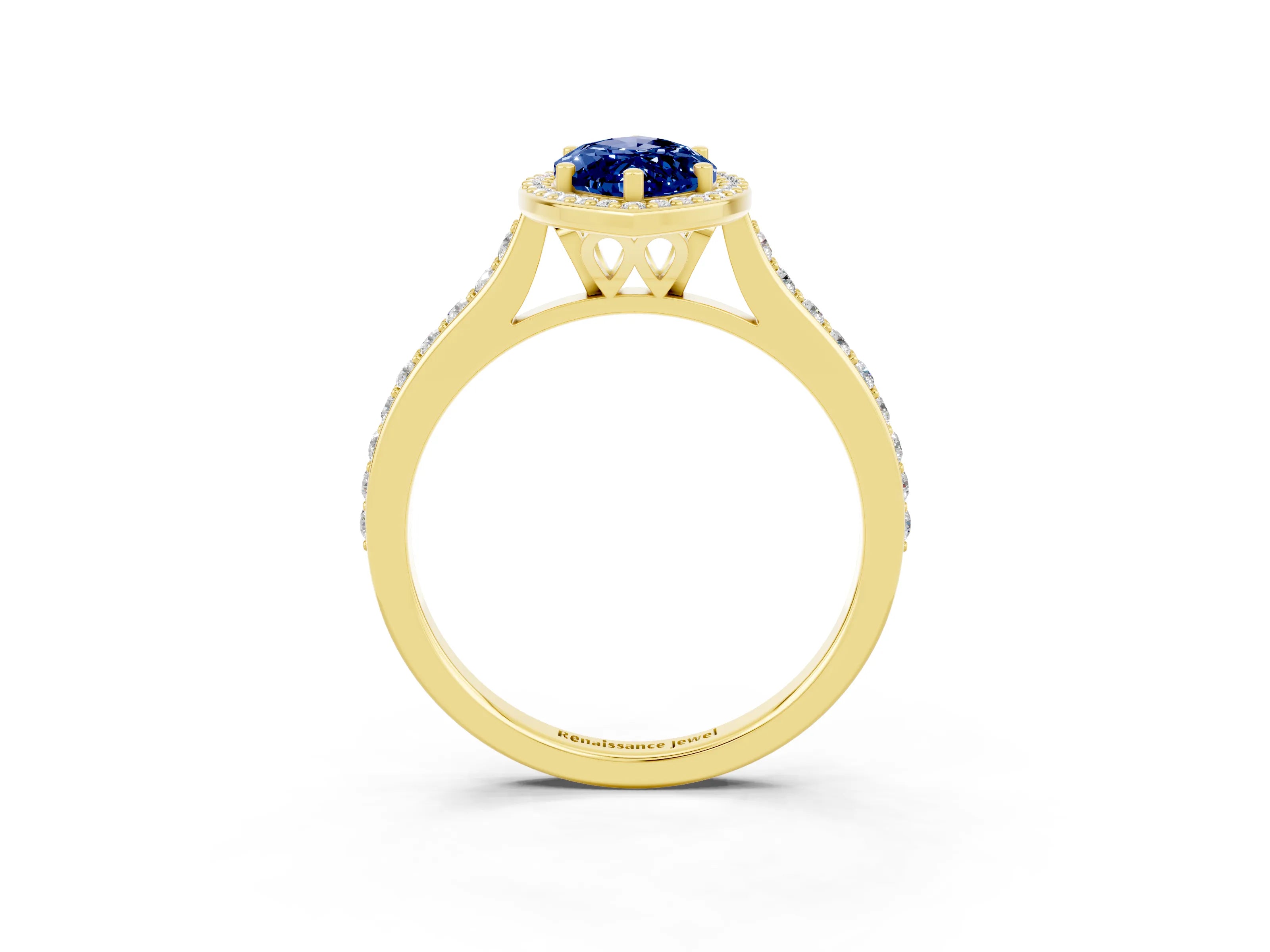 Yellow gold Marquise Cut Halo Round Diamond Pavé Band with Four-Prong Setting_3