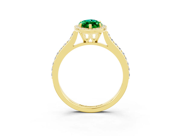 Yellow gold Marquise Cut Emerald Halo Engagement Ring with Round Pavé Shoulders and Prong Setting