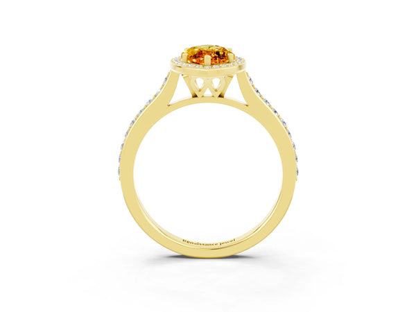 Yellow gold Marquise Cut Citrine Halo Engagement Ring with Round Pavé Shoulders and Prong Setting