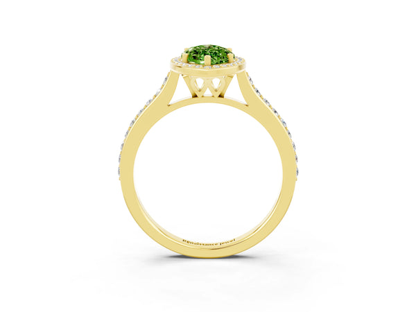 Yellow gold Marquise Cut Halo Round Diamond Pavé Band with Four-Prong Setting