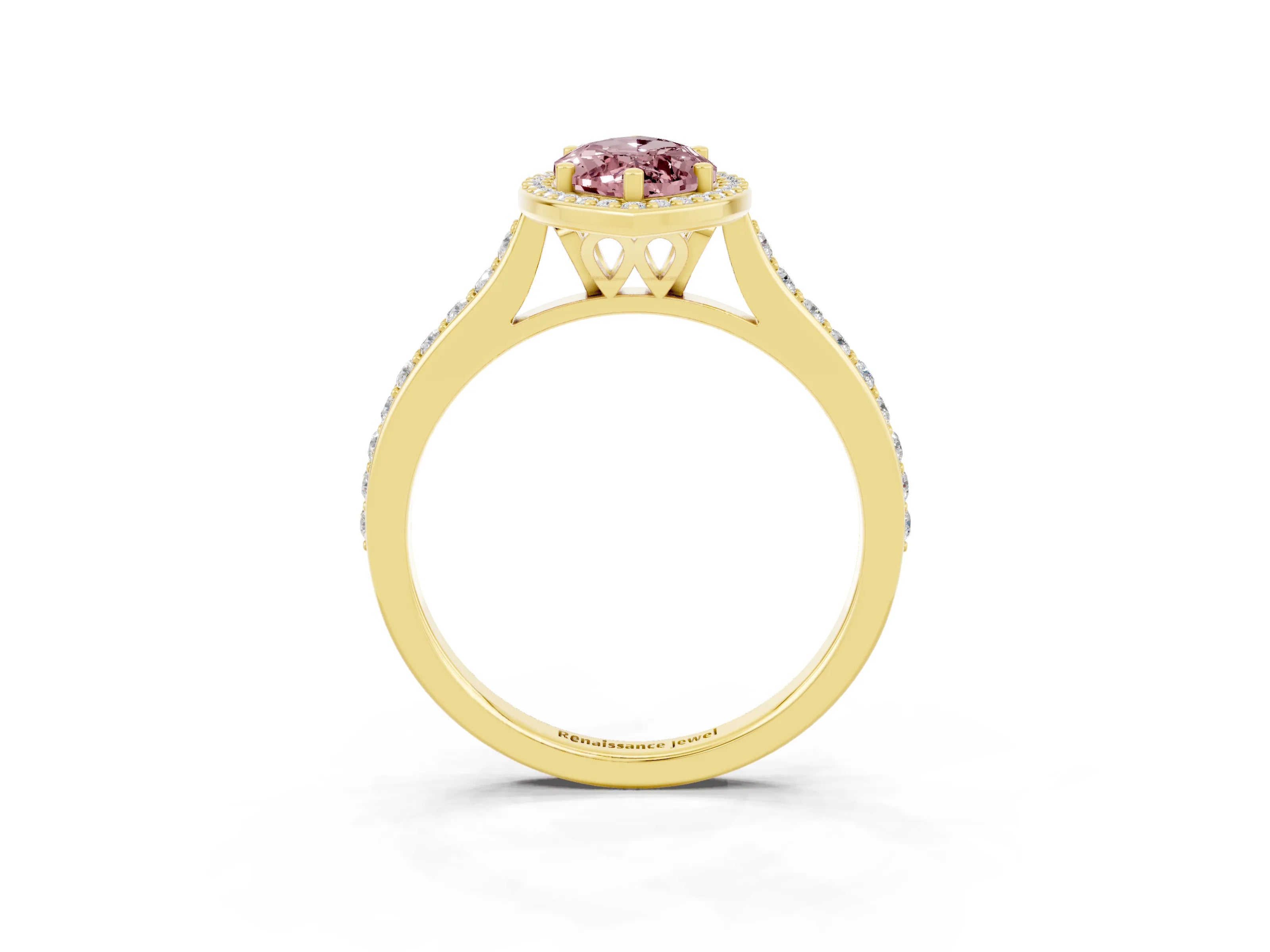 Yellow gold Marquise Cut Halo Round Diamond Pavé Band with Four-Prong Setting_3
