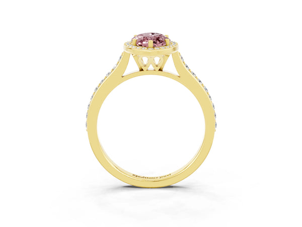 Yellow gold Marquise Cut Halo Round Diamond Pavé Band with Four-Prong Setting