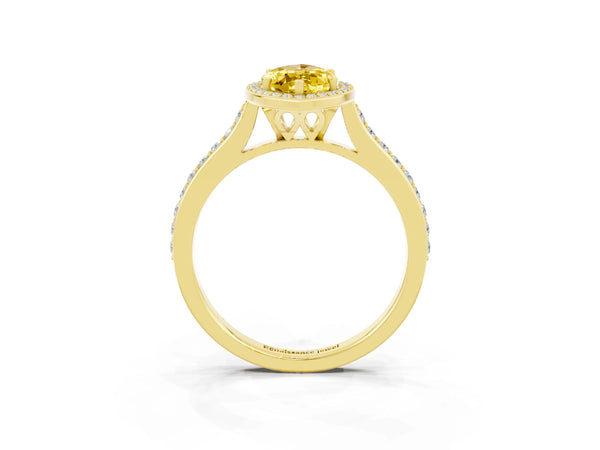 Yellow gold Marquise Cut Yellow Sapphire Halo Engagement Ring with Round Pavé Shoulders and Prong Setting