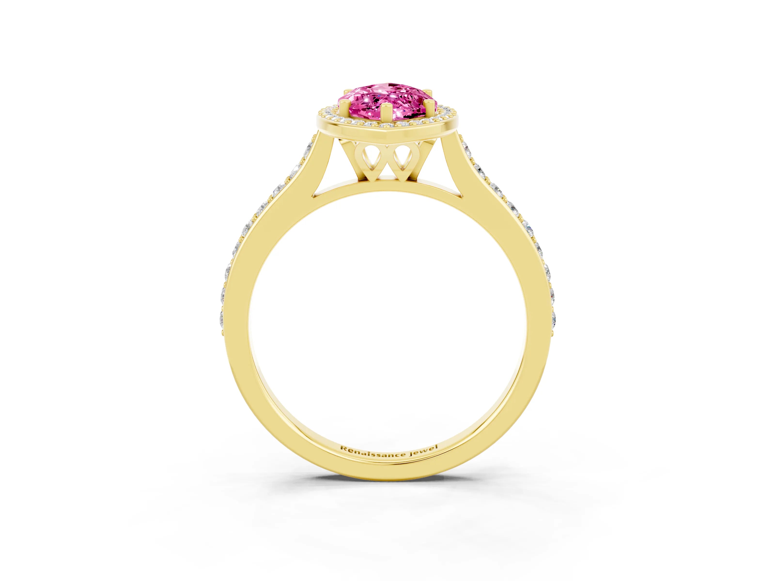 Yellow gold Marquise Cut Halo Round Diamond Pavé Band with Four-Prong Setting_3