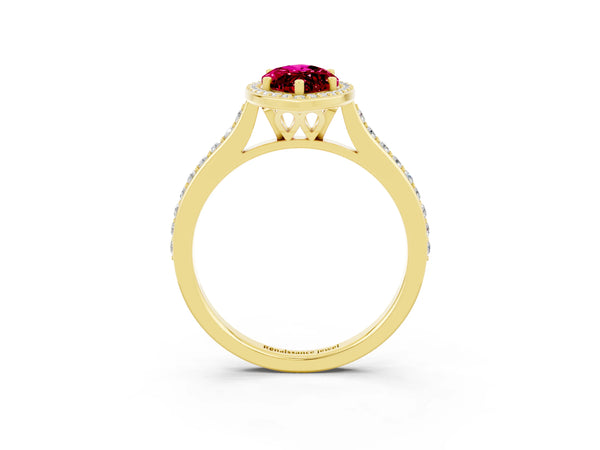Yellow gold Marquise Cut Garnet Halo Engagement Ring with Round Pavé Shoulders and Prong Setting