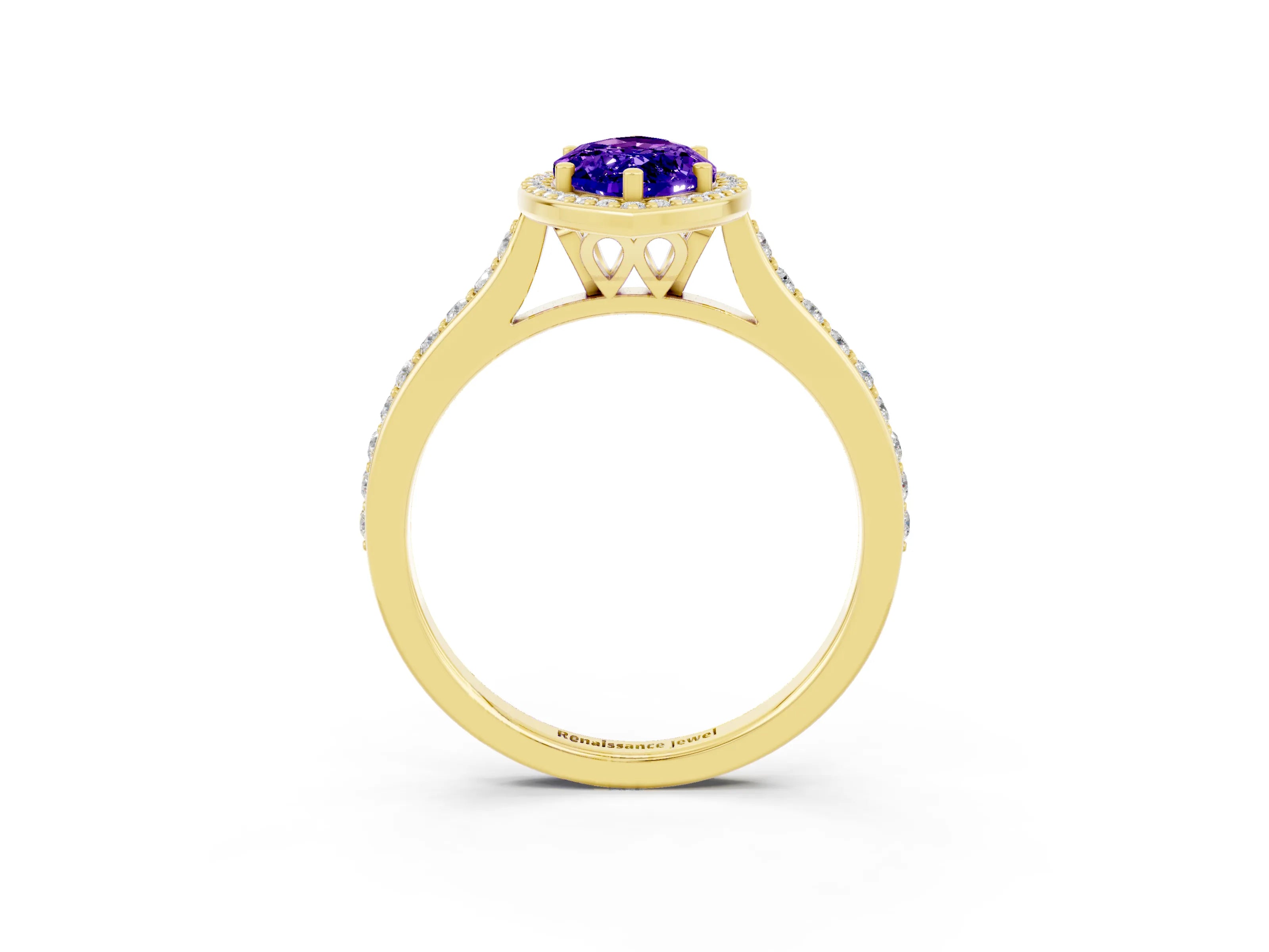 Yellow gold Marquise Cut Halo Round Diamond Pavé Band with Four-Prong Setting_3