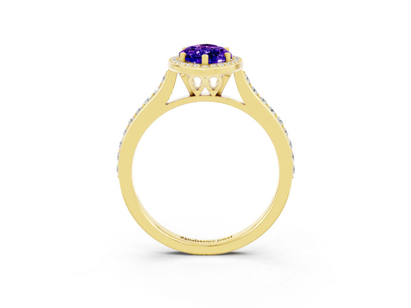 Yellow gold Marquise Cut Tanzanite Halo Engagement Ring with Round Pavé Shoulders and Prong Setting