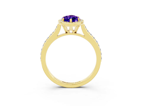 Yellow gold Marquise Cut Halo Round Diamond Pavé Band with Four-Prong Setting_3