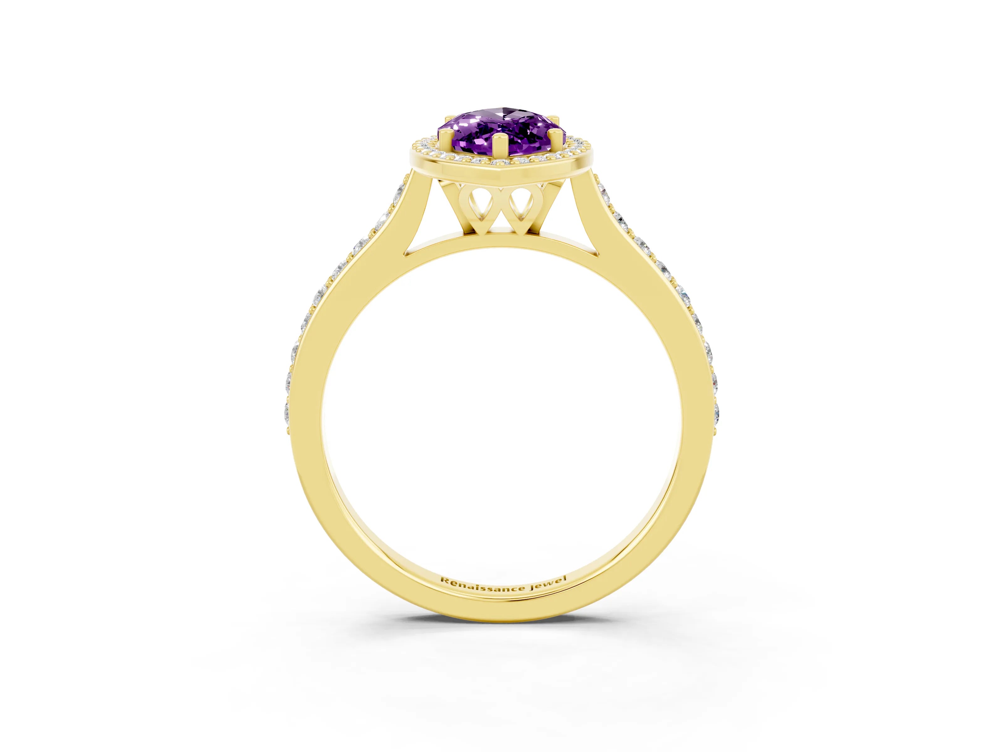Yellow gold Marquise Cut Halo Round Diamond Pavé Band with Four-Prong Setting_3