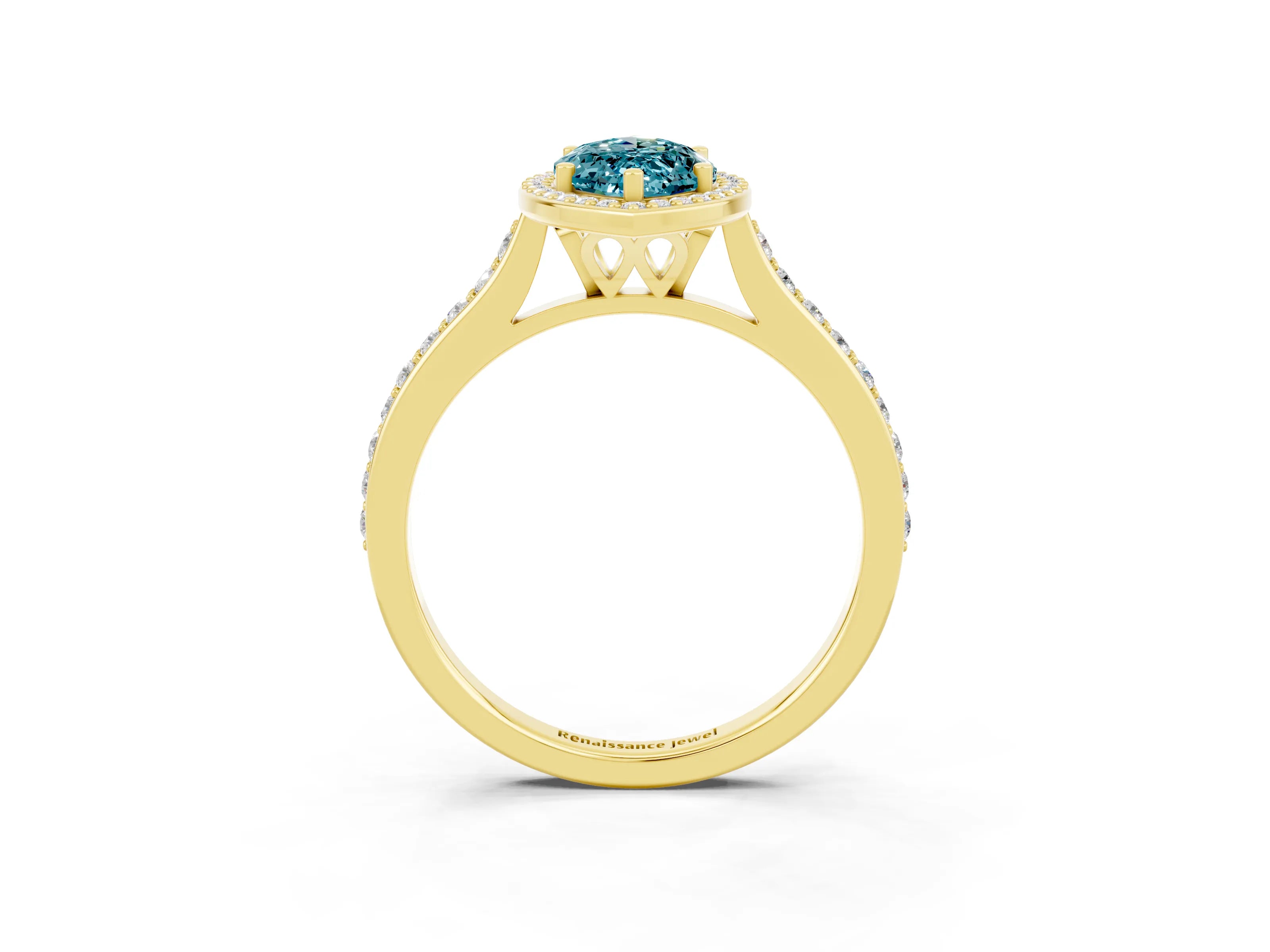 Yellow gold Marquise Cut Halo Round Diamond Pavé Band with Four-Prong Setting_3