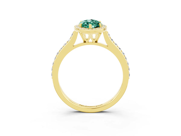 Yellow gold Marquise Cut Green Sapphire Halo Engagement Ring with Round Pavé Shoulders and Prong Setting