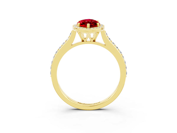 Yellow gold Marquise Cut Halo Round Diamond Pavé Band with Four-Prong Setting