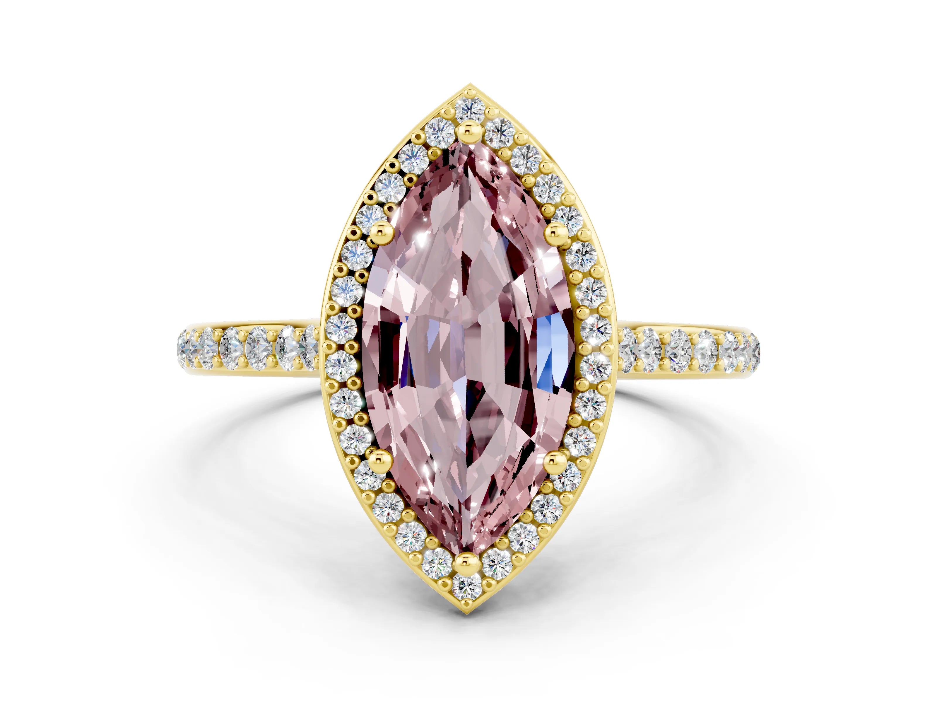 Yellow gold Marquise Cut Halo Round Diamond Pavé Band with Four-Prong Setting