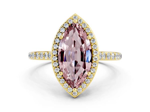 Yellow gold Marquise Cut Halo Round Diamond Pavé Band with Four-Prong Setting