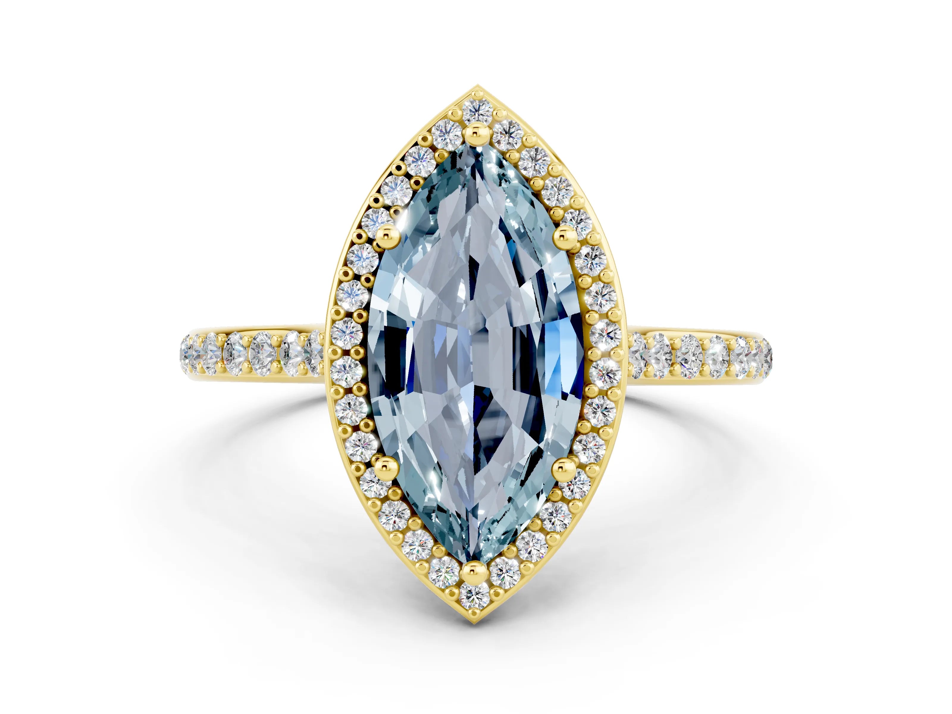 Yellow gold Marquise Cut Halo Round Diamond Pavé Band with Four-Prong Setting