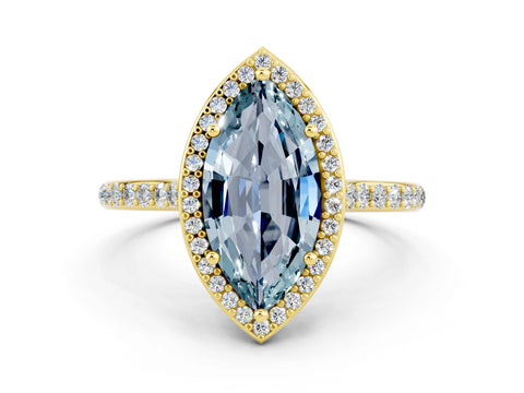 Yellow gold Marquise Cut Halo Round Diamond Pavé Band with Four-Prong Setting