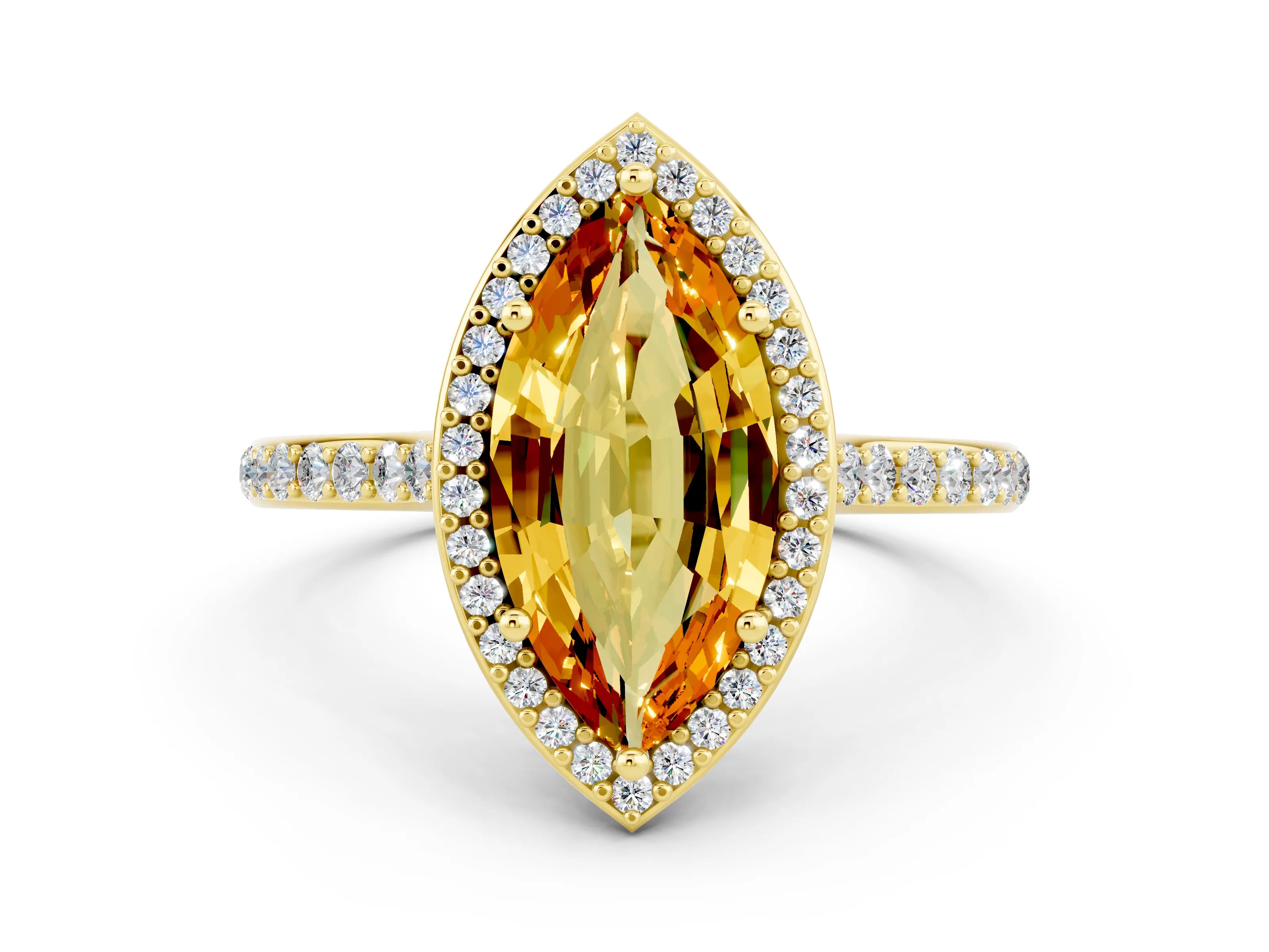 Yellow gold Marquise Cut Halo Round Diamond Pavé Band with Four-Prong Setting