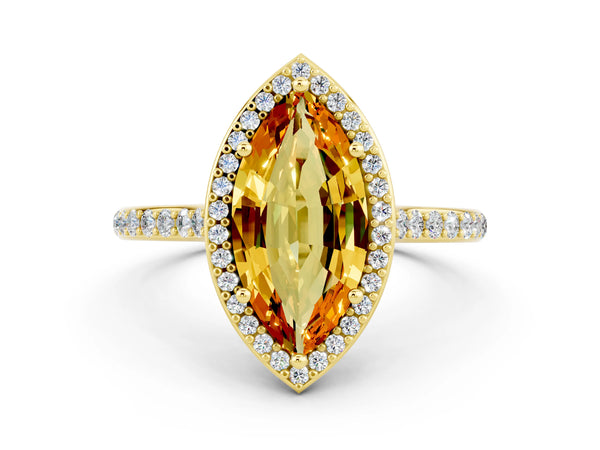 Yellow gold Marquise Cut Citrine Halo Engagement Ring with Round Pavé Shoulders and Prong Setting