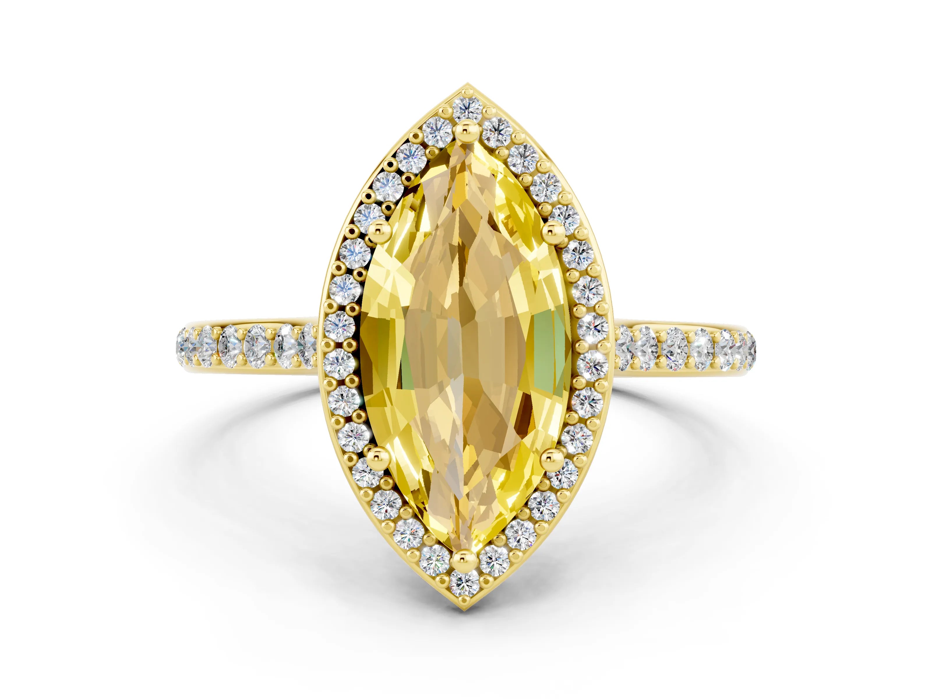 Yellow gold Marquise Cut Halo Round Diamond Pavé Band with Four-Prong Setting