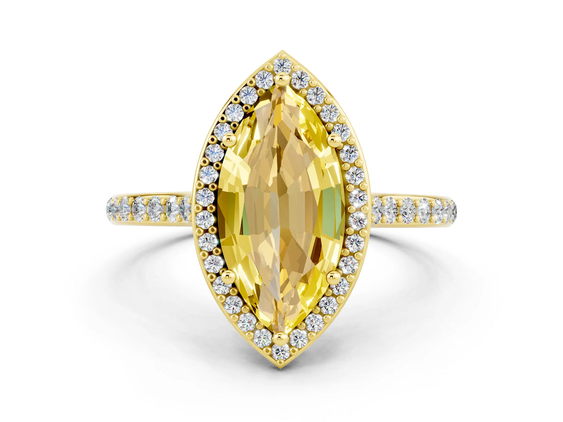 Yellow gold Marquise Cut Halo Round Diamond Pavé Band with Four-Prong Setting