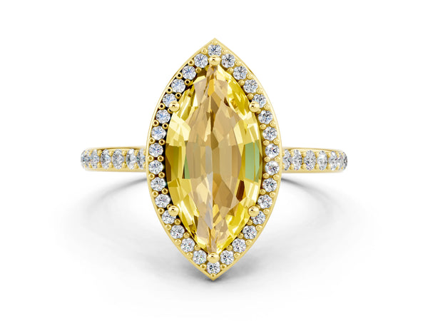 Yellow gold Marquise Cut Yellow Sapphire Halo Engagement Ring with Round Pavé Shoulders and Prong Setting