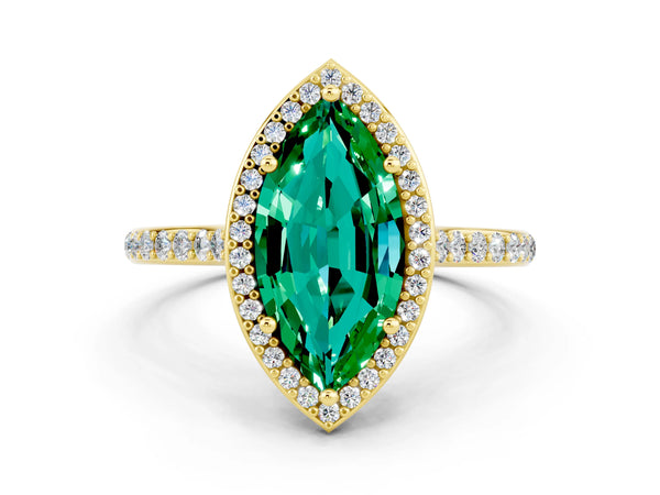 Yellow gold Marquise Cut Emerald Halo Engagement Ring with Round Pavé Shoulders and Prong Setting