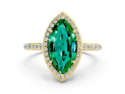 Yellow gold Marquise Cut Halo Round Diamond Pavé Band with Four-Prong Setting