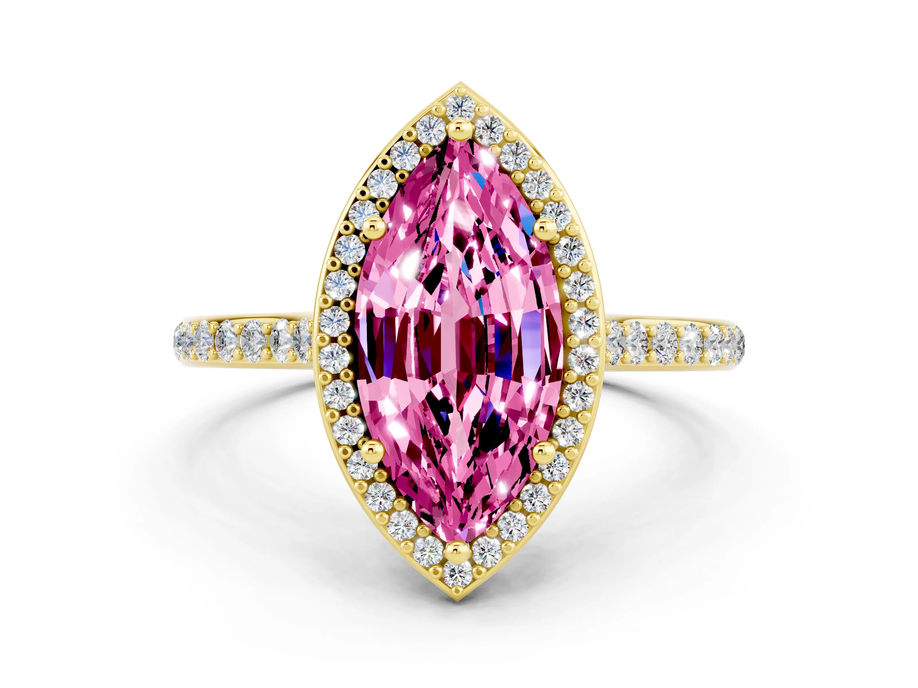 Yellow gold Marquise Cut Halo Round Diamond Pavé Band with Four-Prong Setting