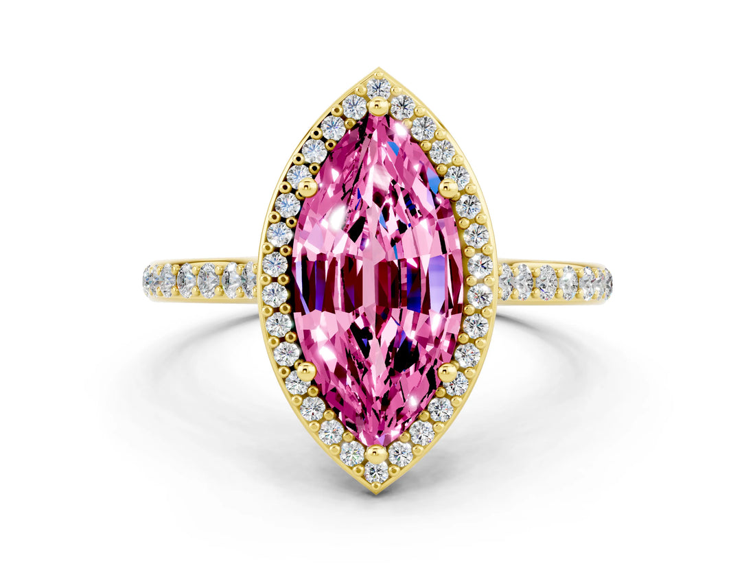 Yellow gold Marquise Cut Halo Round Diamond Pavé Band with Four-Prong Setting