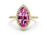 Yellow gold Marquise Cut Halo Round Diamond Pavé Band with Four-Prong Setting