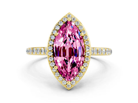 Yellow gold Marquise Cut Halo Round Diamond Pavé Band with Four-Prong Setting