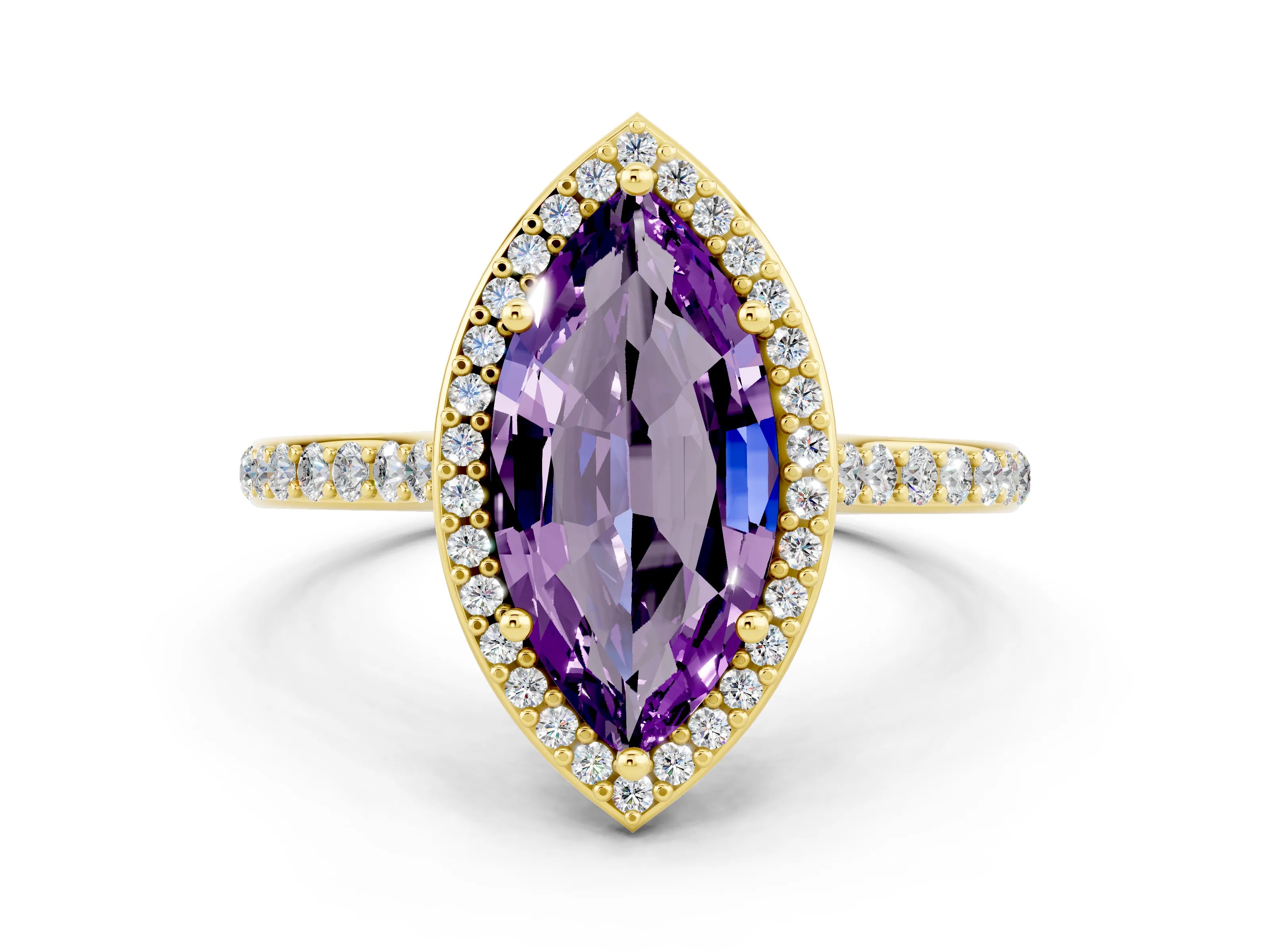 Yellow gold Marquise Cut Halo Round Diamond Pavé Band with Four-Prong Setting