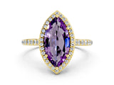 Yellow gold Marquise Cut Halo Round Diamond Pavé Band with Four-Prong Setting