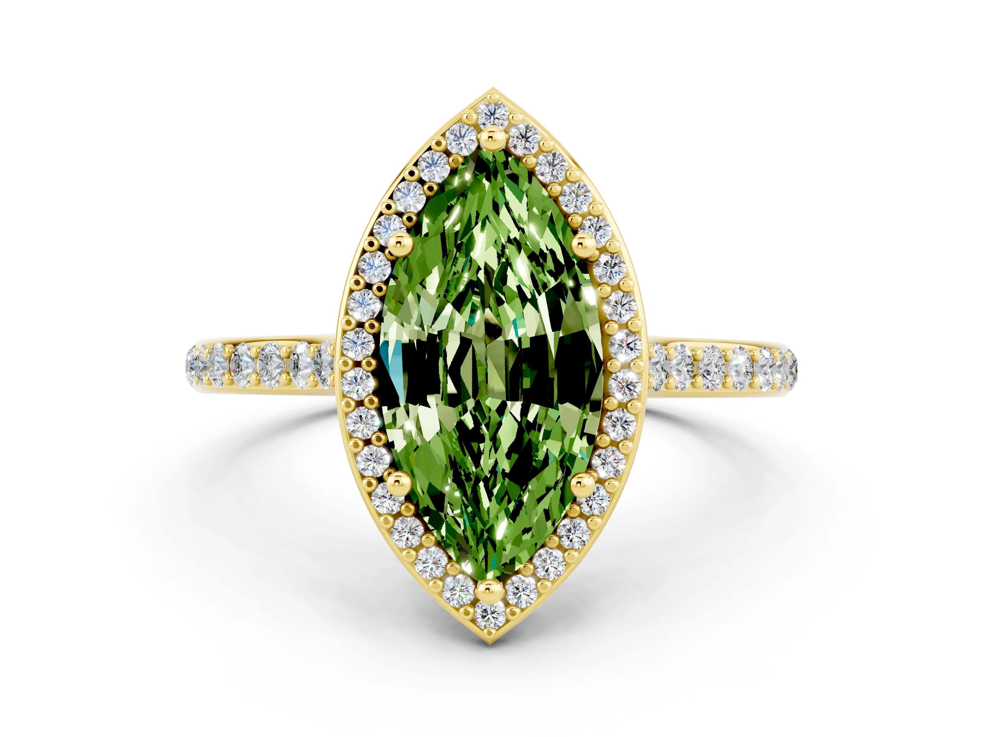 Yellow gold Marquise Cut Halo Round Diamond Pavé Band with Four-Prong Setting