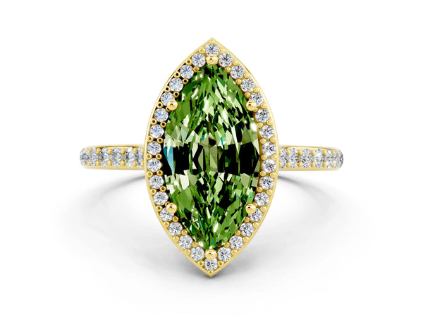 Yellow gold Marquise Cut Halo Round Diamond Pavé Band with Four-Prong Setting