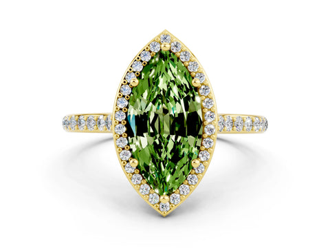 Yellow gold Marquise Cut Halo Round Diamond Pavé Band with Four-Prong Setting
