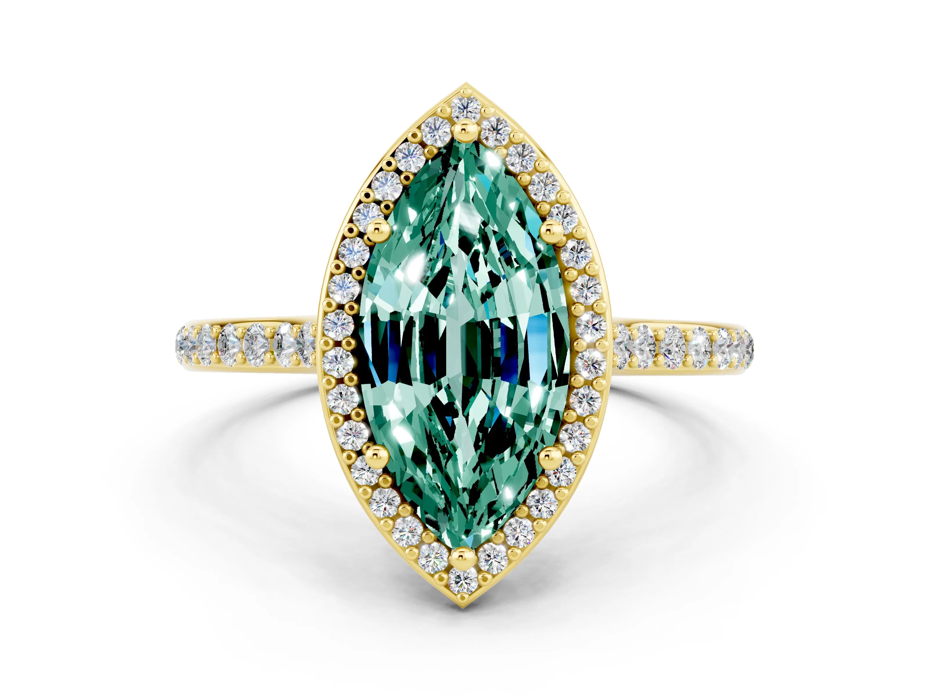 Yellow gold Marquise Cut Halo Round Diamond Pavé Band with Four-Prong Setting