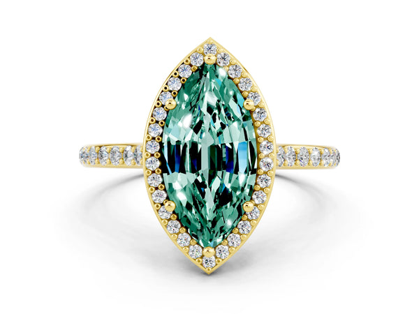 Yellow gold Marquise Cut Green Sapphire Halo Engagement Ring with Round Pavé Shoulders and Prong Setting