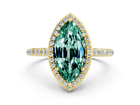 Yellow gold Marquise Cut Halo Round Diamond Pavé Band with Four-Prong Setting