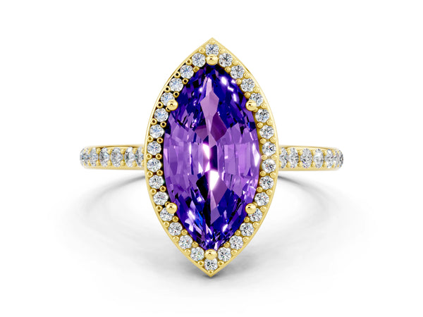 Yellow gold Marquise Cut Tanzanite Halo Engagement Ring with Round Pavé Shoulders and Prong Setting