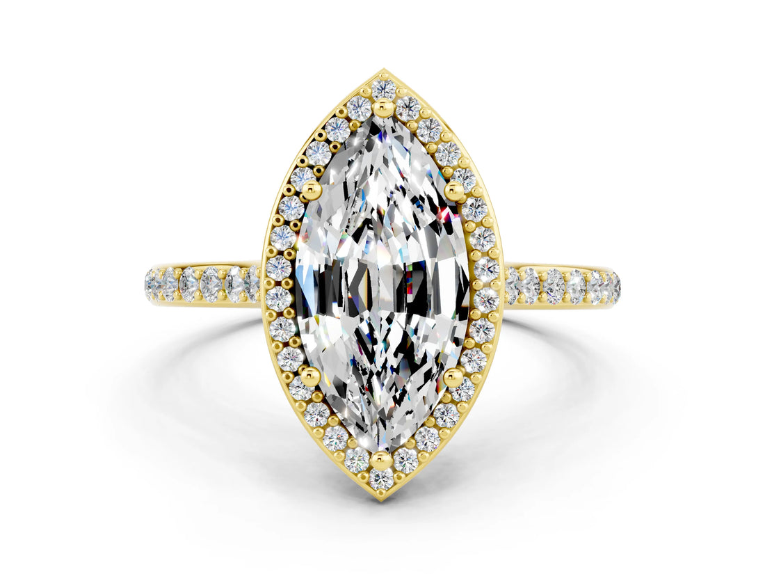 Yellow gold Marquise Cut Halo Round Diamond Pavé Band with Four-Prong Setting