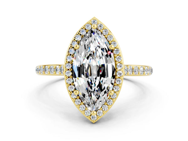 Yellow gold Marquise Cut Moissanite Halo Engagement Ring with Round Pavé Shoulders and Prong Setting