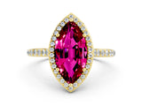 Yellow gold Marquise Cut Halo Round Diamond Pavé Band with Four-Prong Setting