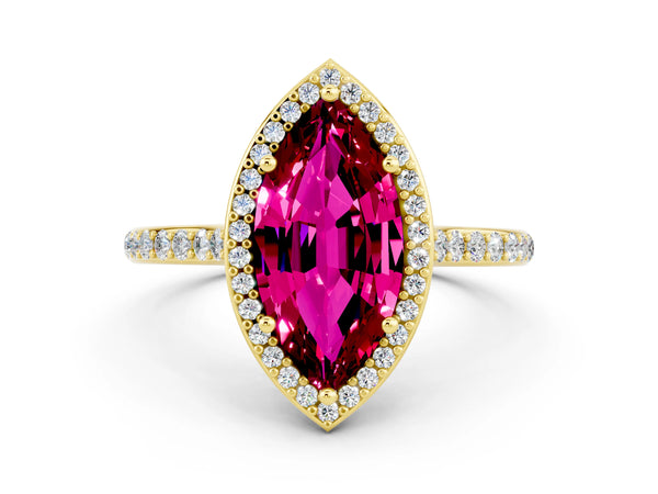 Yellow gold Marquise Cut Garnet Halo Engagement Ring with Round Pavé Shoulders and Prong Setting