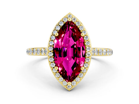Yellow gold Marquise Cut Halo Round Diamond Pavé Band with Four-Prong Setting