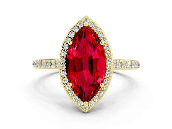 Yellow gold Marquise Cut Halo Round Diamond Pavé Band with Four-Prong Setting