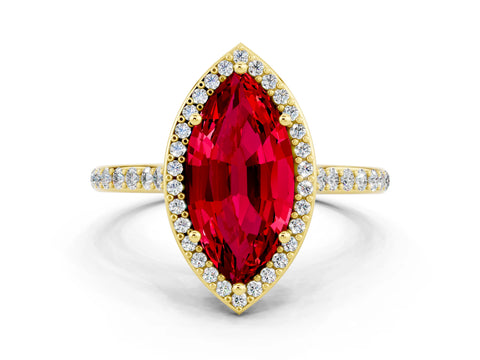 Yellow gold Marquise Cut Halo Round Diamond Pavé Band with Four-Prong Setting