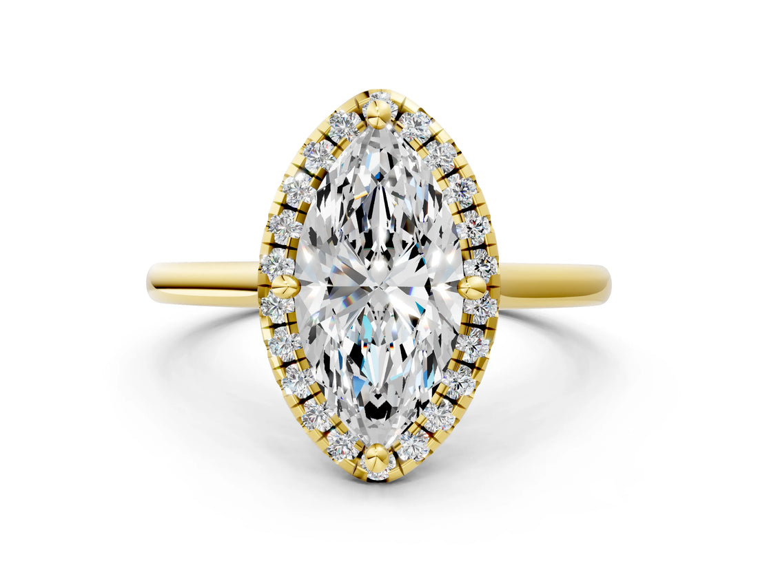 Yellow gold Marquise Cut Halo Round Diamond Solitaire Engagement Ring with Pave Band and Four-Prong Setting_15