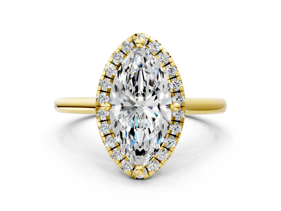 Yellow gold Marquise Cut Halo Round Diamond Solitaire Engagement Ring with Pave Band and Four-Prong Setting
