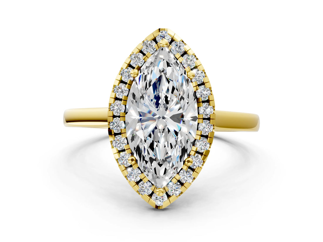 Yellow gold Marquise Cut Halo Round Diamond Solitaire Ring with Pavé Band and Four-Prong Setting